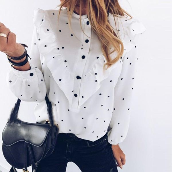 

women spring polka dot ruffle blouse elegant casual o neck buttons pullover blusa lady autumn long sleeve shirt blusa, White