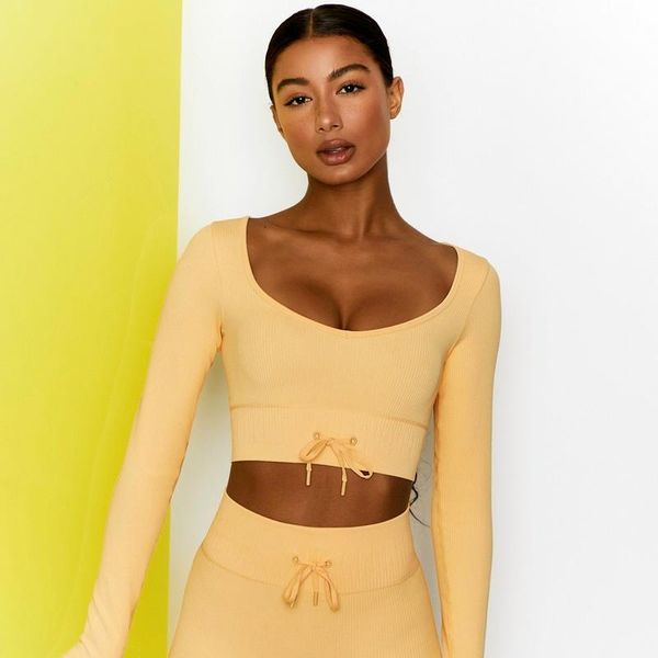 

yoga outfit seamless long-sleeved workout clothes solid color sports outdoor running women gym crop top