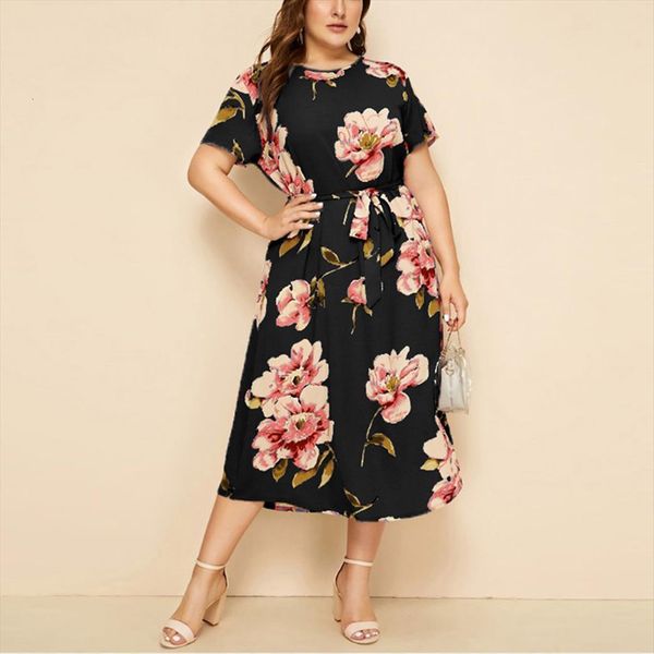 

fashion plus size womens dress o neck short sleeve flowers colorful printing waist strap casual, Black;gray