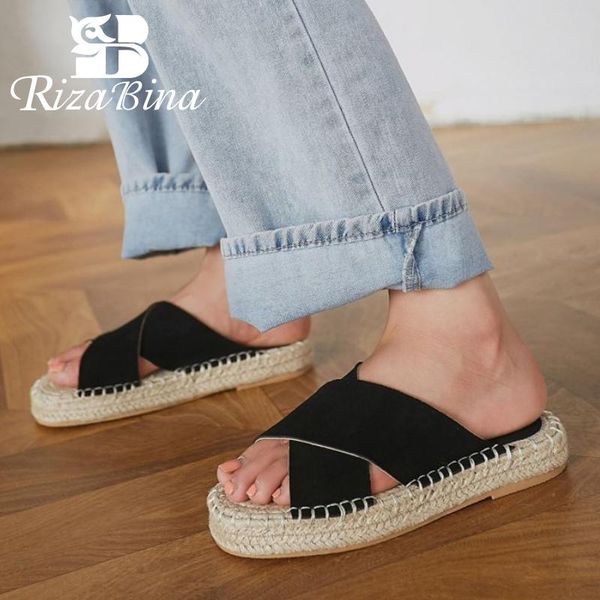 

rizabina new summer women real leather sandals retro shoes slippers outdoor slides casual female footwear size 34-39, Black