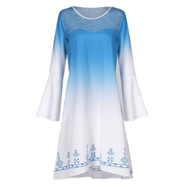 

casual dresses 2021 round neck long sleeves women dress autumn print flare female vestidos gradient ladies blue, Black;gray