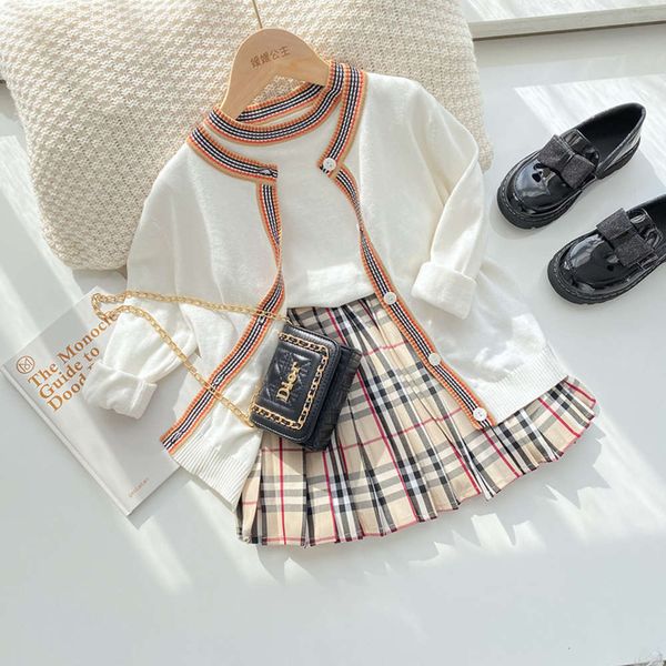 

knitted 2021 spring new children's cardigan plaid skirt korean academy style three piece girls' suit, White
