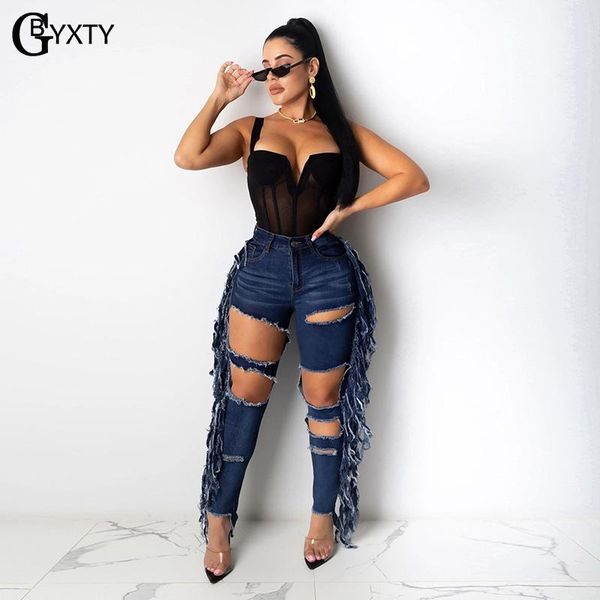 

women's jeans gbyxty streetwear fringe distressed 2021 summer autumn women high waist ripped tassel denim pencil pants trousers zl866, Blue