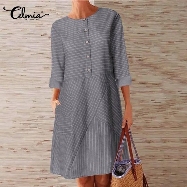 

casual dresses 5xl 2021 autumn long sleeve striped dress celmia women's fashion mini vestidos female buttons pockets party, Black;gray