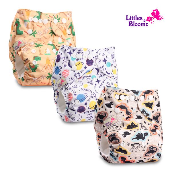 

[littles&bloomz] 3pcs/set baby washable reusable real cloth pocket nappy, 3 nappies/diapers and 3 microfiber inserts in one set 210312