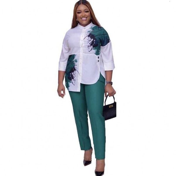 

plus size two piece female skinny firm pants and 3/4 sleeve neck divided 2021 fashion print irregular office suit lady 1ab0, Gray