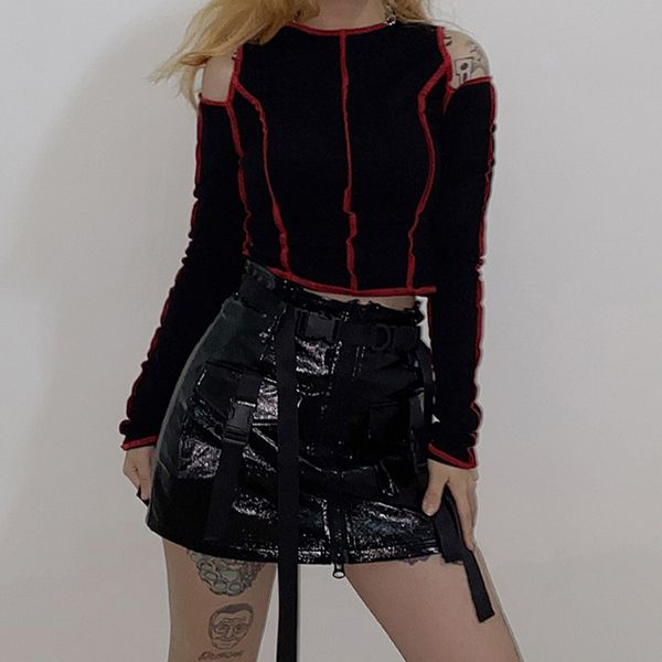 

knitted off shoulder hollow out splice women t-shirt 2021 spring goth harajuku round neck long sleeve bodycon, White