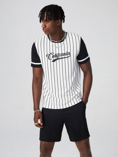 

men letter graphic striped tee and shorts set p5f0#, Gray