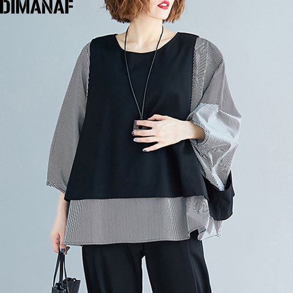 DIMANAF Plus Size Donna Camicetta Camicie Autunno Oversize Casual Lady Top Tunica Manica a pipistrello Abiti femminili larghi Impiombato a righe 210225