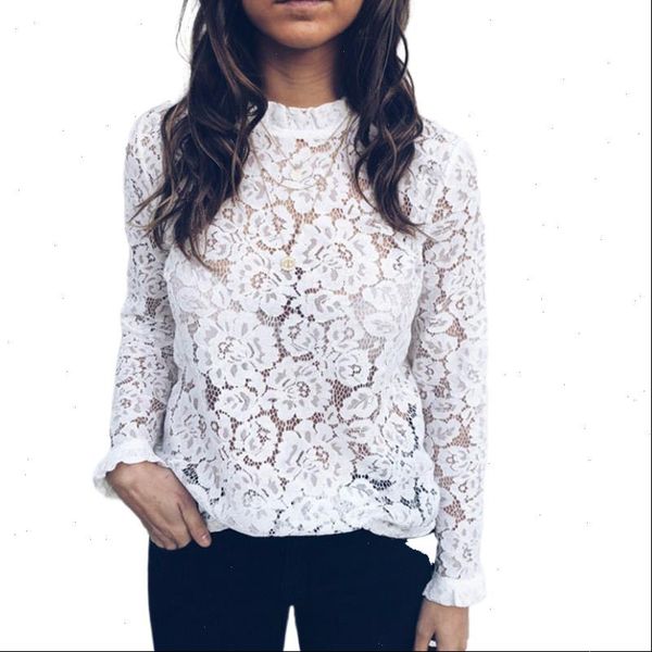 

2021 autumn women lace crochet blouse ladies elegant white shirts long sleeve solid female shirts casual top