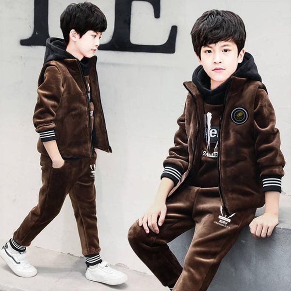 

boy three piece fleece suit winter childrens velvet vest suits, White
