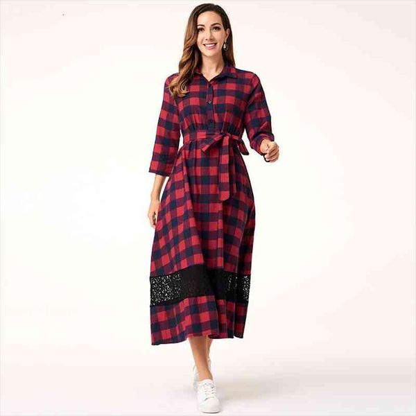 

spring autumn womens fashion casual plaid stitching lace long arab ladies dress, Black;gray