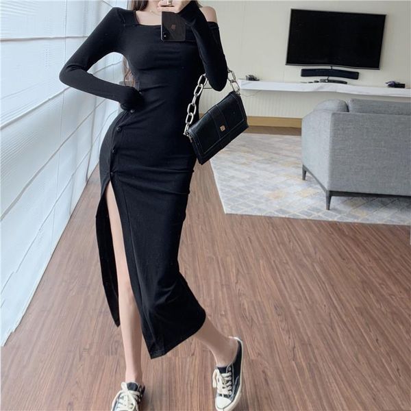 

casual dresses autumn bottom bodycon black irregular dress women split side single-breasted long sleeve all-match robe vestido mujer gr, Black;gray
