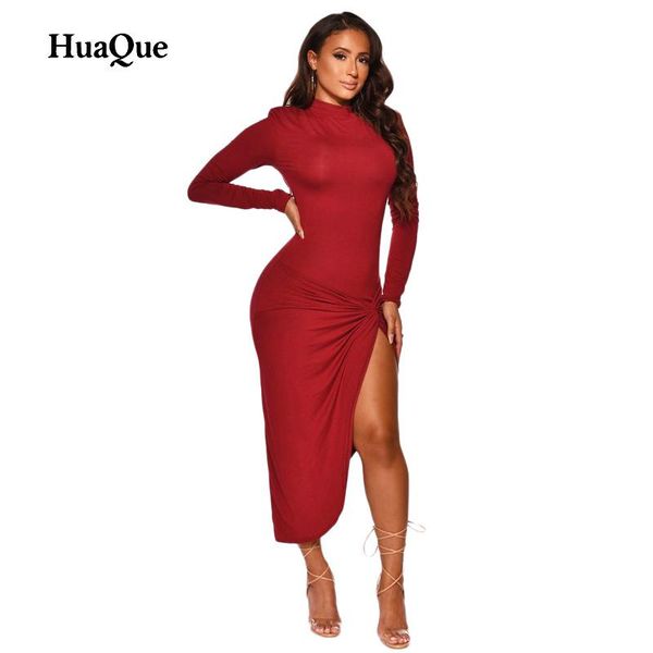 

long dress with slit mock neck ruched slit bodycon dress women long sleeve midi party vestidos invierno 2021robe pull, Black;gray
