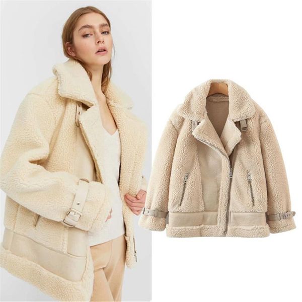 

women's leather & faux warm jacket women clothing autumn winter lamb wool thickened patchwork loose lapels plush coat fashion zipper, Black