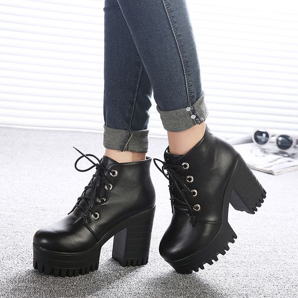 

414243 size manufacturer simple lace short boots women spring and autumn round toe japanese women chunky heel platform high heels dr. marten, Black