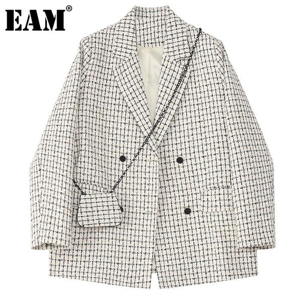

women's suits & blazers [eam] women white plaid with bag oversized blazer lapel long sleeve loose fit jacket fashion spring autumn 2021, White;black