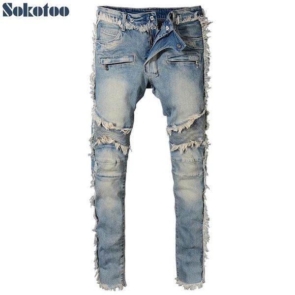 

sokotoo men's vintage washed denim fringe biker jeans for moto fashion slim fit straight patchwork pants for big and tall, Blue