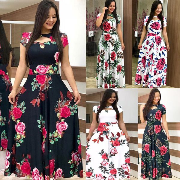 

2021 new autumn womens casual bohemia print maxi es fashion hollow out short sleeve tunic vestidos plus size 5xl swl8, Black;gray