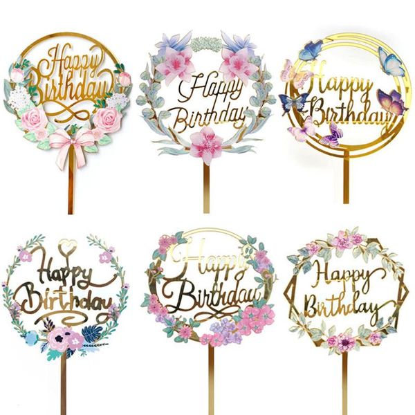 Weitere festliche Partyartikel, Gold-Kuchenaufsatz, Acryl, alles Gute zum Geburtstag, Blumen-Dessertaufsatz, Farbdruck, Dekoration, Hochzeitskarte