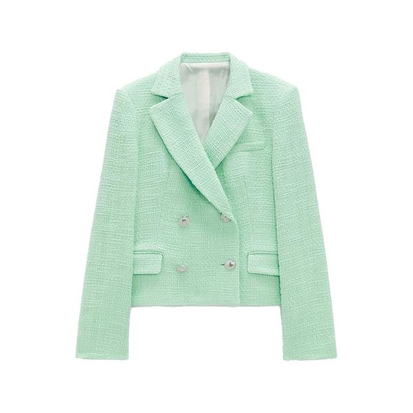 

women's suits & blazers za women's double breasted cutout tweed blazer vintage sleeve long female pockets outerwear chic dress fiq, White;black