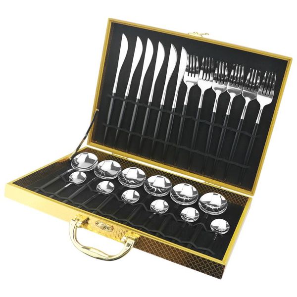 

24pcs black silver flatware set 304 stainless steel cutlery set kitchen dinnerware knife fork spoon dinner with gift box