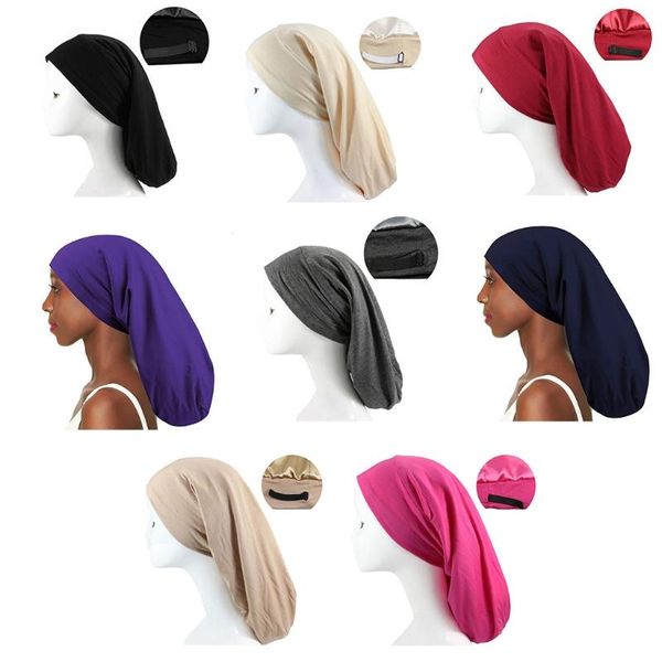 

beanie/skull caps cotton adjustable wide brim all-match satin lining hair styling care sleeping cap long tail turban hat wrap sleep, Blue;gray