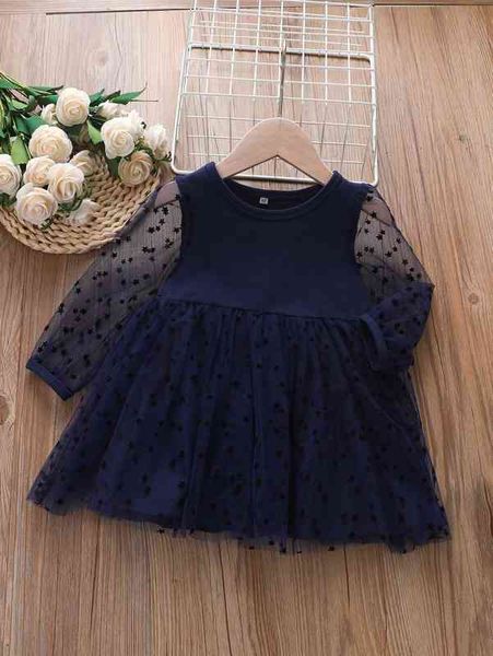 

baby contrast star-mesh a-line dress she, Red;yellow