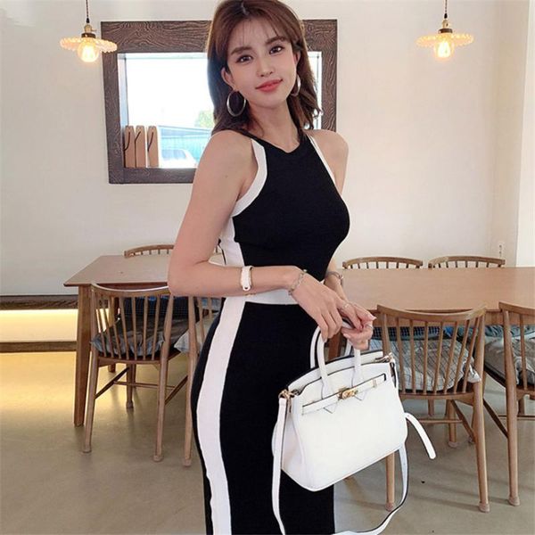 

casual dresses 2021 korean fashion hater dress women patchwork slim bodycon knitted summer elegant party robe femme, Black;gray