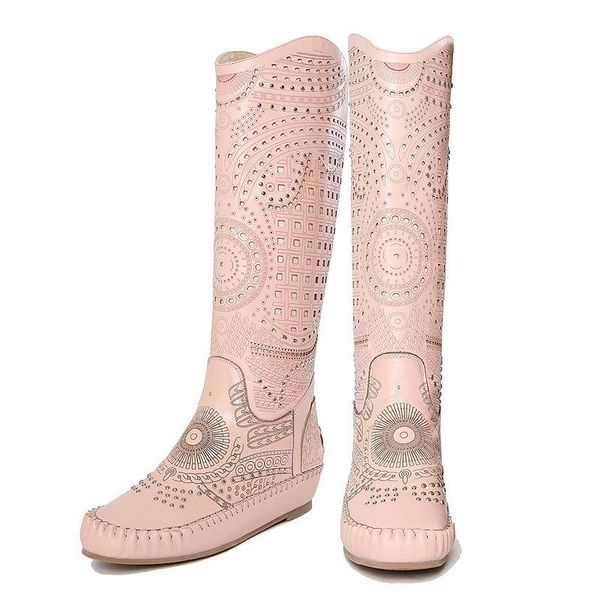 

boots genuine leather flat women knee high spring autumn party wedding shoes woman cut-outs rome style ladies, Black