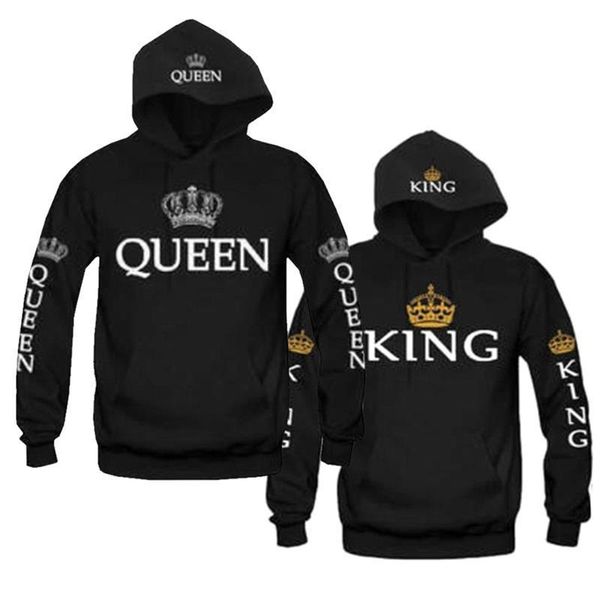 

king and queen couple matching hoodie sweatshirt golden crowns, Black