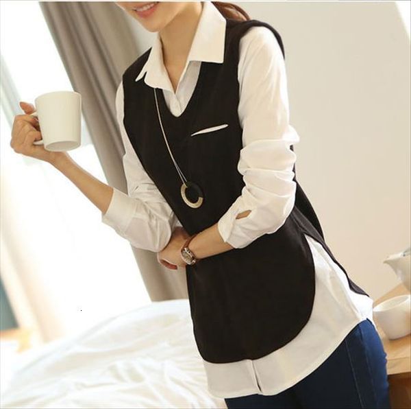 

4xl plus big size feminina korean spring autumn women fake piece loose thin long sleeve blouse shirts female a1274, White