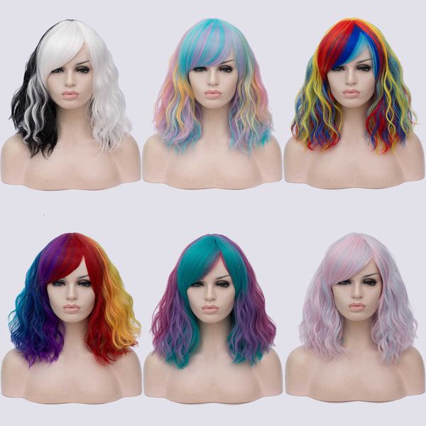 

fashion wig color oblique bangs short curly hair halloween style, Black