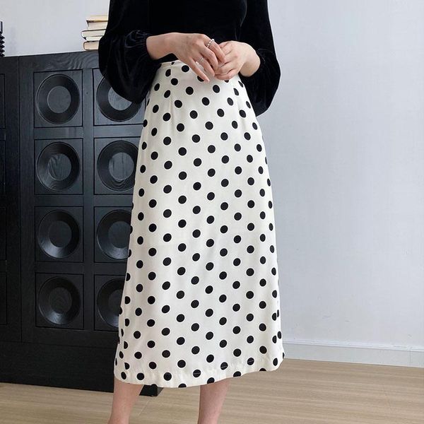 

skirts 2021 autumn polka dot warp skirt high waist womens korean fashion casual long office lady elegant black white split