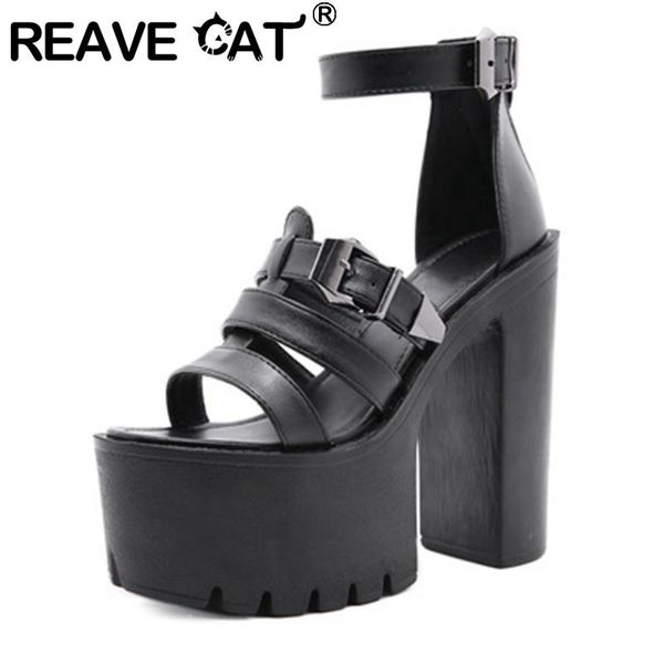 

reave cat women sandals new 2021 open toe 14.5cm block heels thick bottom platform punk cool zip big size 35-42 casual a3649, Black