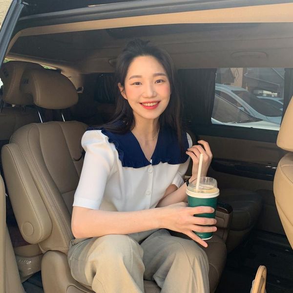

women's blouses & shirts volocean womens 2021 summer girl retro navy style blouse contrast lapel loose short sleeve shirt female, White