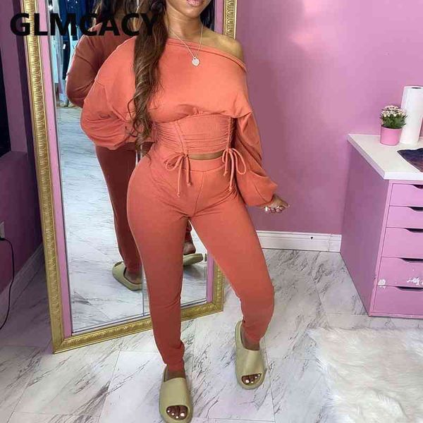 

women two piece suits long sleeve skew neck tunic & slim pants set 210702, White