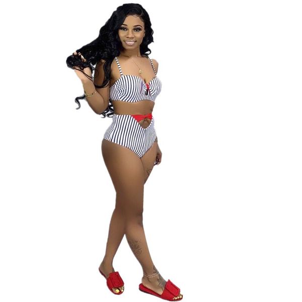 

women's swimwear summer style black and white striped two-piece swimsuit women with knotted chest, White;black