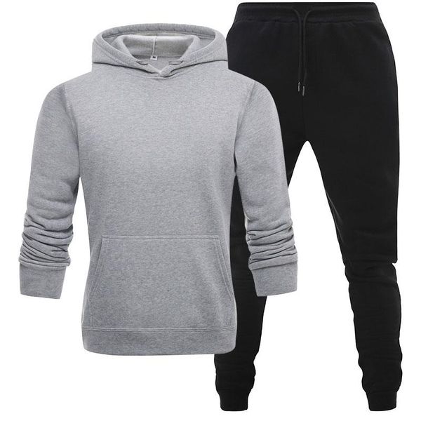 

men's tracksuits fashion pure color men sets tracksuit autumn hoodies + sweatpants two piece suit hooded casual male clothes, Gray