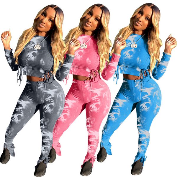 

2021 new two piece set women tie dye outfits ribbing lace up stretchy crop stacked leggings sweatpants jogger wholesale dropshipping jti, Gray