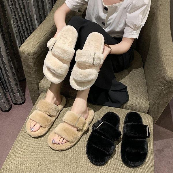 

slippers winter women shoes woman buckle strap warm slip on flats female fur slides casual plus size, Black