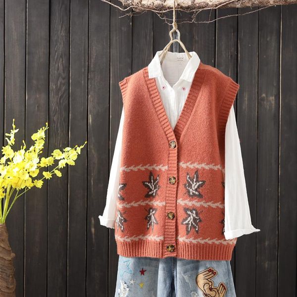 

women's vests real pos v neck ladies leaf patterned sweater vest cardigan 2021 casual women wool cashmere thick knit jacket coat, Black;white