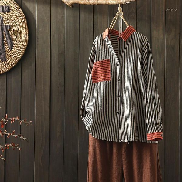 

mori girl spring blouse literary retro pocket stripe women's cotton linen shirt loose long sleeve blouses & shirts, White