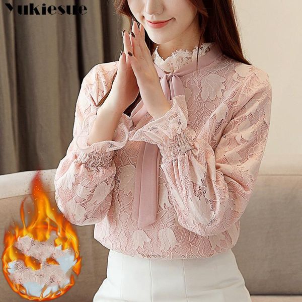 

women's blouses & shirts 2021 autumn winter fashion lace blouse long sleeve ruffless floral shirt womens and elegant plus size, White