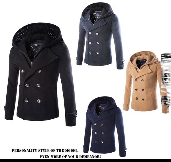 

men's woollen coat men's hooded buckle fake two coats casual fashion campus business coat a028, Black