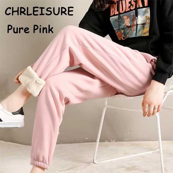 

chrleisure fashion women winter warm long pants fleece thick leggins mujer solid size plus elastic lace-up casual leggings 211108, Black
