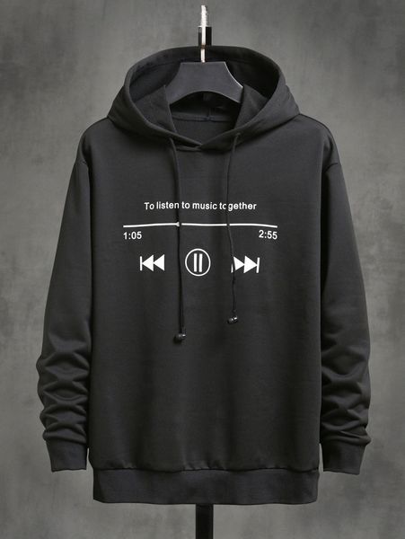 

men slogan graphic drawstring hoodie o0it#, Black