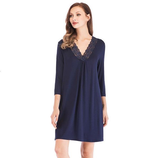 

women nightgowns casual nightwear solid three-quarter sleeves nightshirts v-neck lace loose sleepwear female chemise dress home, Black;red
