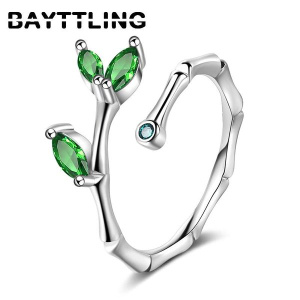 

cluster rings bayttling 925 sterling silver simple bamboo leaf zircon open ring for woman fashion wedding birthday gift jewelry, Golden;silver