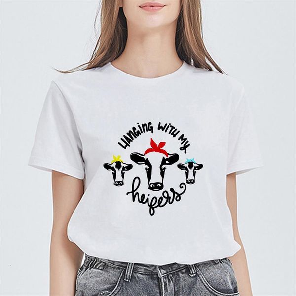 

sunflower and cattle creative womens t shirts graphic cartoon print summer kawaii casual round neck versatile, White